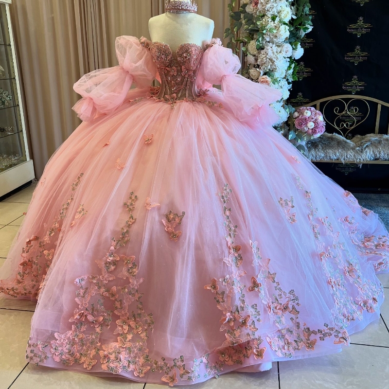 Pink Quinceanera Dresses Ball Gown Puff Sleeve Bow Beaded Crystal Tull Corset Off The Shoulder Sweet 16 Dress Vestidos De 15 Anos