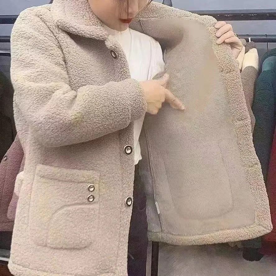 Clothes Women Overcoat Veet Thickened Lamb Fleece Long Sleeve Warm Coat Autumn Winter Overgarment Solid Color Plus Size