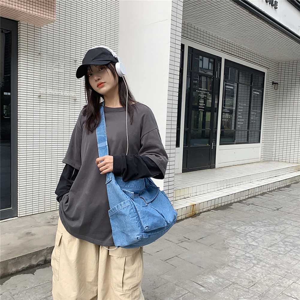 Denim Crossbody Bags for Women Japanese Style Unisex Casual Pocket Books School Bag Students Shoulder Large Jeans 240920