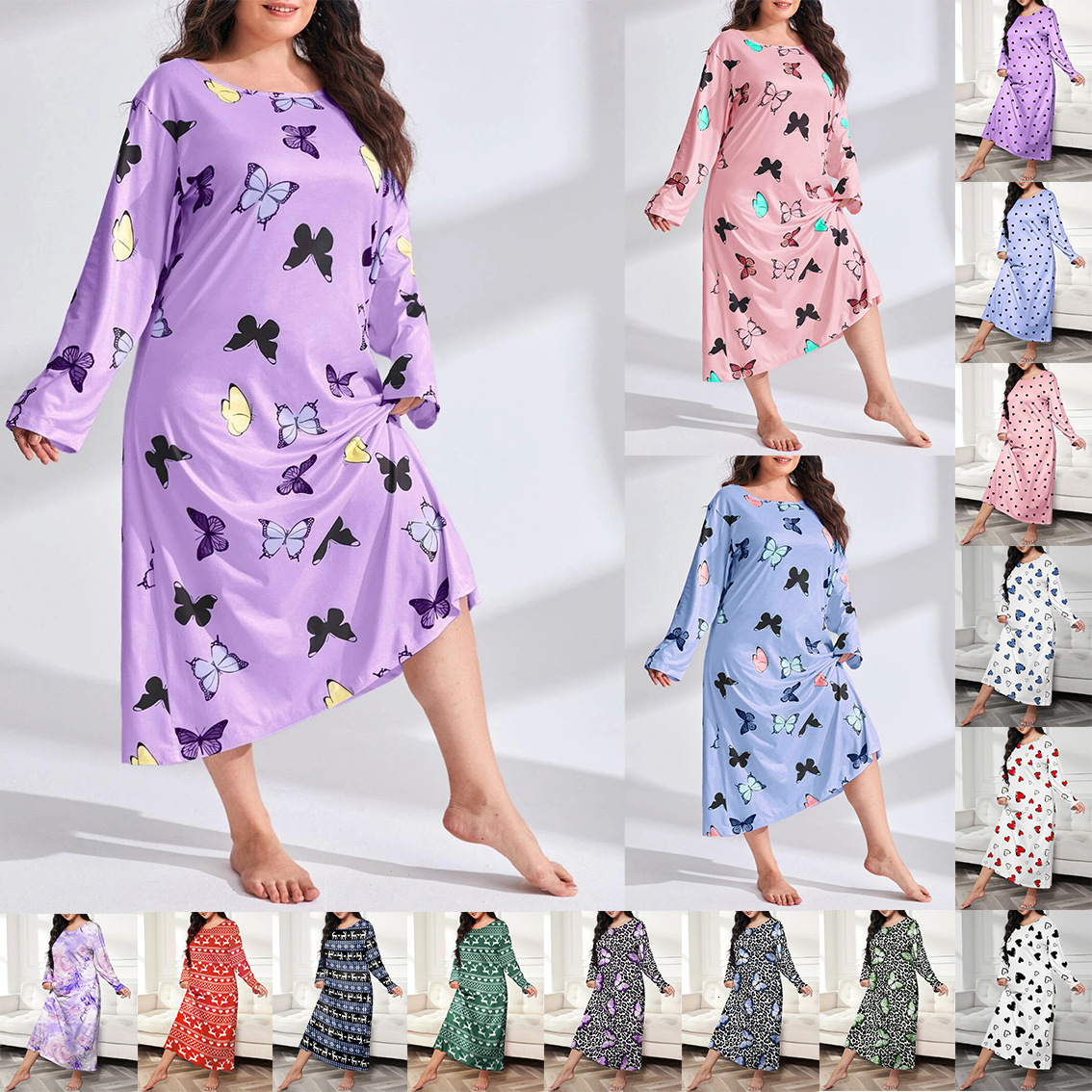 2024 Fat Po Women's Long sleeved Butterfly Heart Leopard Print Drop Shoulder Large Size Sleeping Dress