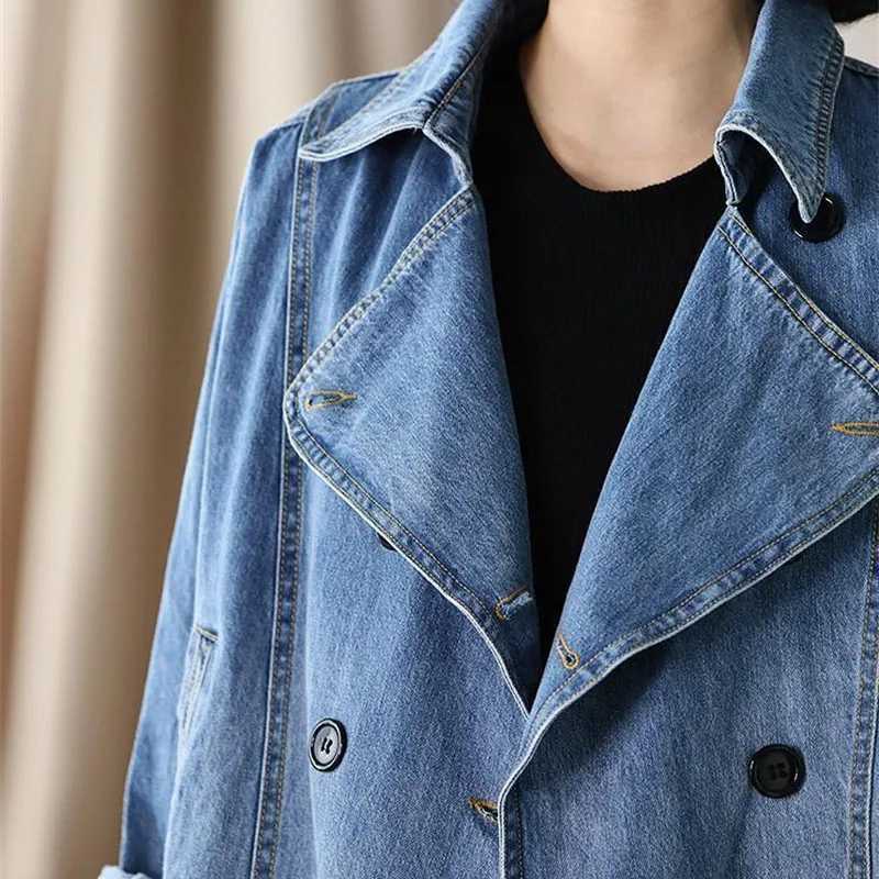 2022 Loose Double-breasted Denim Jacket Women Spring Autumn Drawstring Coat Lady Casual Tops Fashion Jean Outerwear WindbreakerX240920