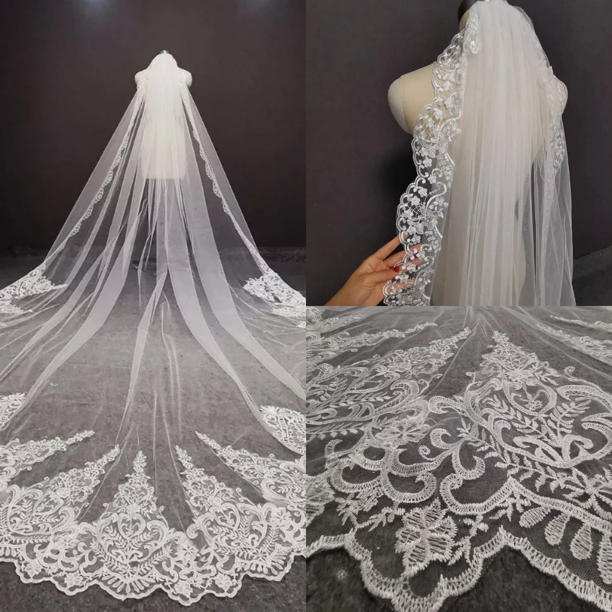 Classic Wedding Veil Appliques One Layer Long Cathedral Length Bridal Veils Applique Bead Edge Wedding Accessories Custom Made
