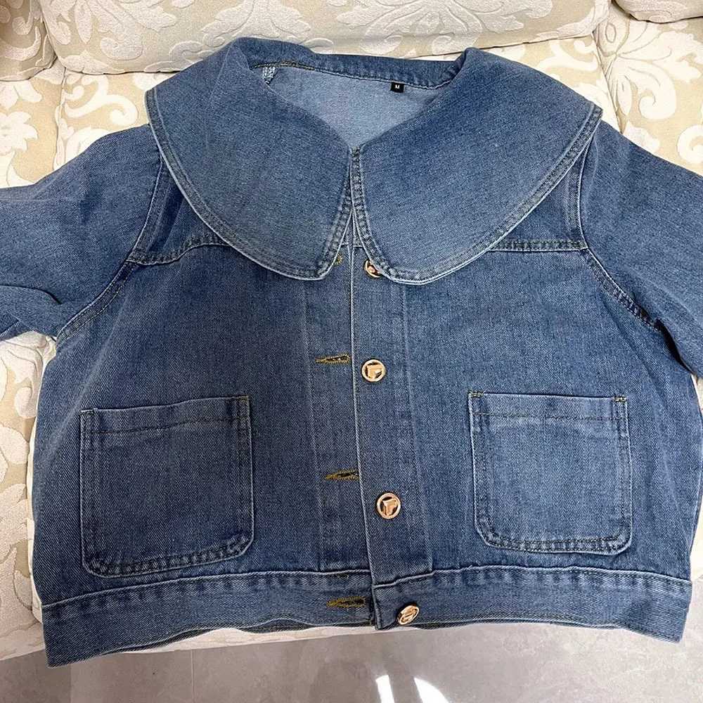 Korean Style Sweet Peter Pan Collar Retro Jean Coat For Women Long Sleeve Outerwear Tops Ladies Short Love Button Denim JacketsX240920