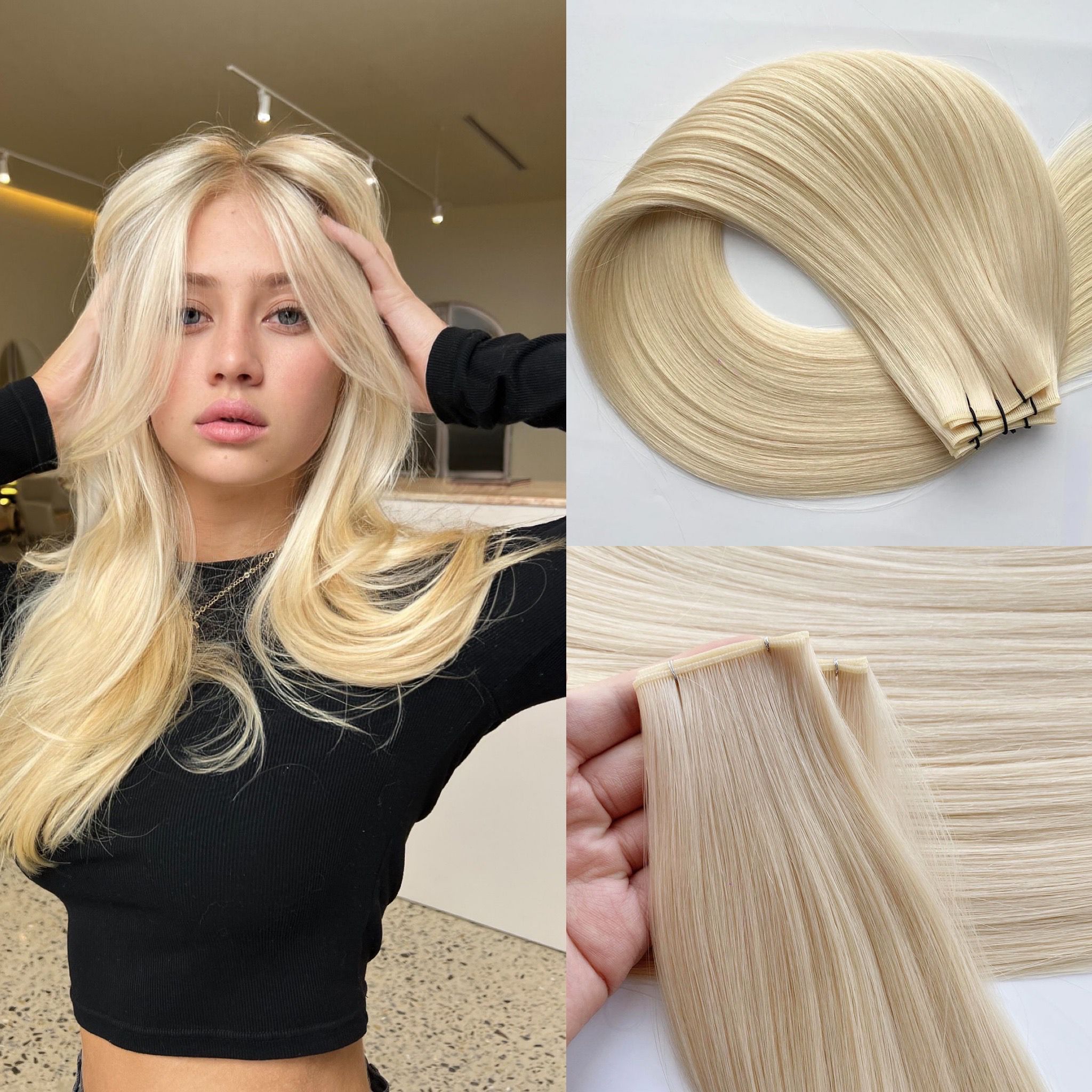 100% European Genius weft Virgin Human Hair Extensions Blonde color Invisible Mini Weft Hair 100g Full Head , Long Lasting 16-18 months