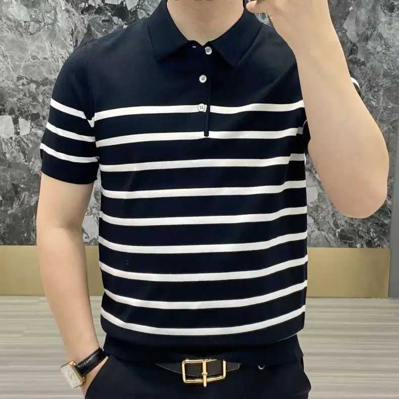 Korean Clothing Smart Casual Splicing Stripe Slim Polo Shirts Summer Men Knitted Streetwear Fashion Short Sleeve Versatile TopsX240920