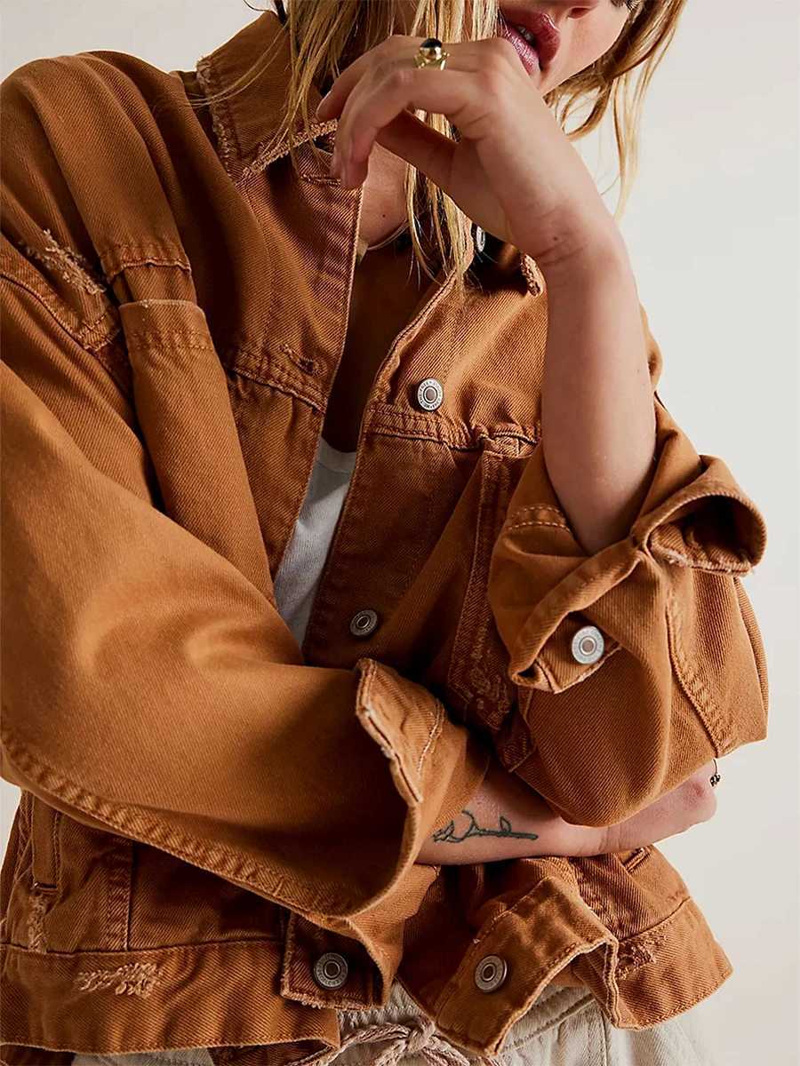 Women Denim Jacket with Pockets Long Sleeve Turn-down Collar Button Closure Solid Color Spring Fall Loose Coat StreetwearX240920