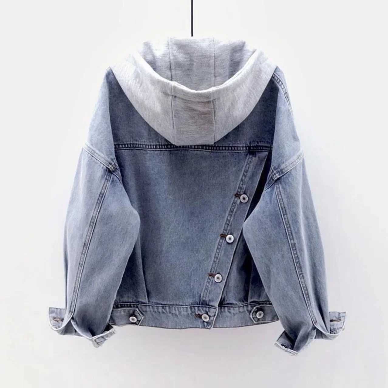 Spring Autumn Long Sleeves Hooded Women Denim Coat Jacket Korean Big Pockets Jean Jacket for Women Fashion Single-breasted TopsX240920