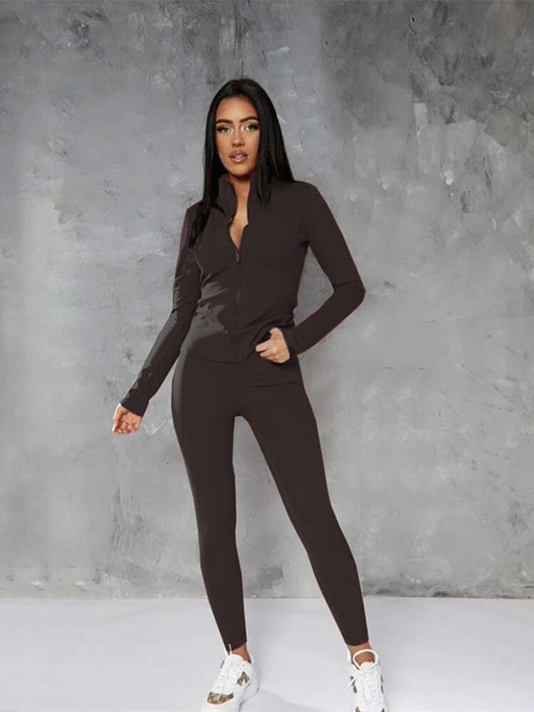 Solid 2 Pieces Set Outfits Women Zipper Tracuits Running Fiess Sports Wear Long Sleeve Pants Slim Body Suits Woman Clothing