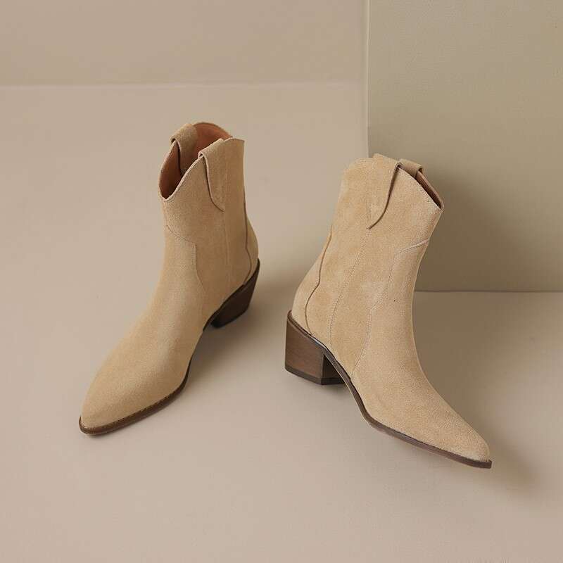 Dilalula Genuine Leather Women Cow Suede Pointed Toe Med Thick Heels Slip On Short Boots Female Autumn 2024