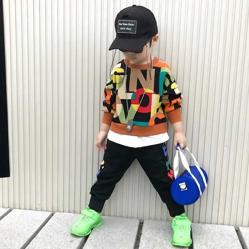 Spring Boys Suit Children Fashion Clothes Set Baby Kids Autumn Cotton Printing Long Sleeved Top Long Pants Teen Boys Tracksuit M240920