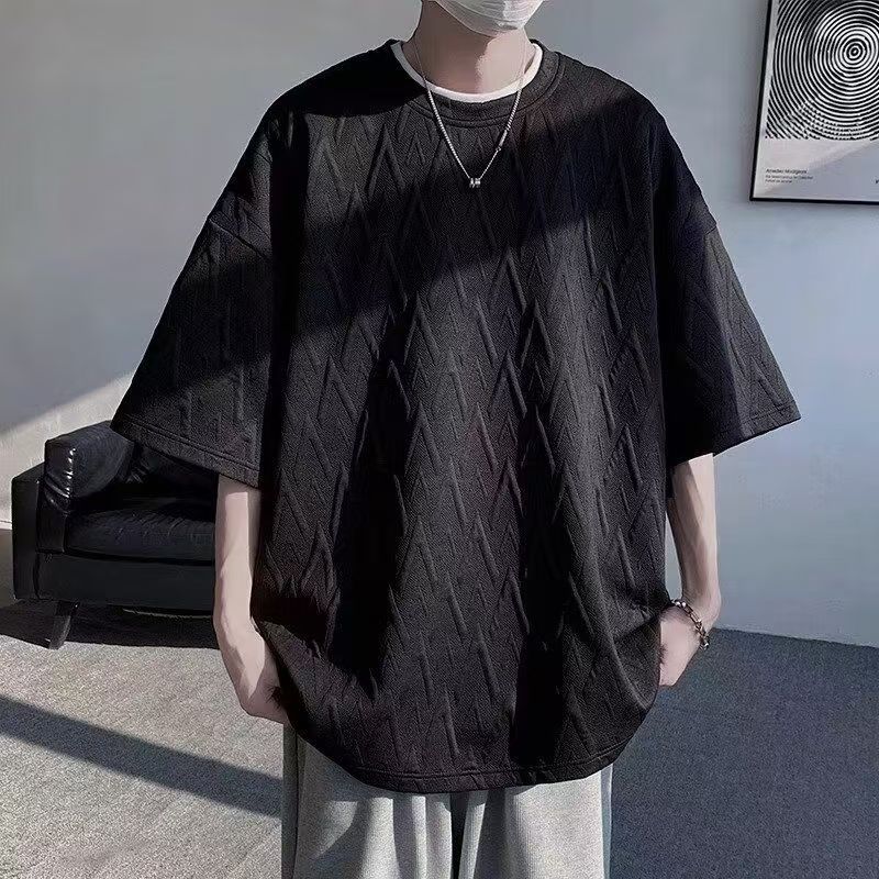 Advanced Jacquard T-shirt men's fashion brand summer plus size heavy short sleeve American high street five and a half sleeves.