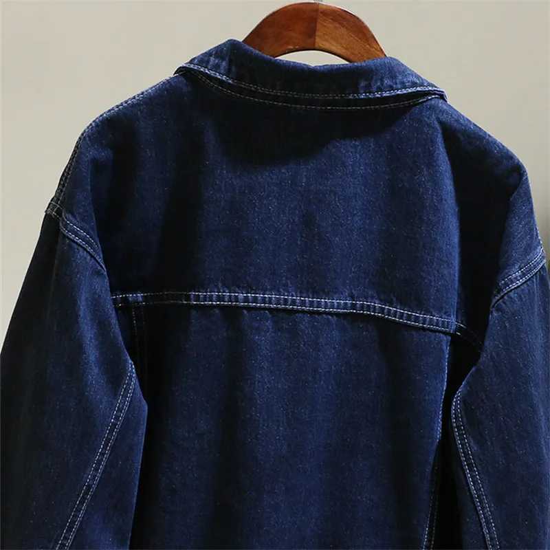 Vintage Dark Blue Loose Short Denim Jacket Women Big Pocket Long Sleeve Cowboy Outerwear Spring Harajuku Jeans Jackets FemaleX240920