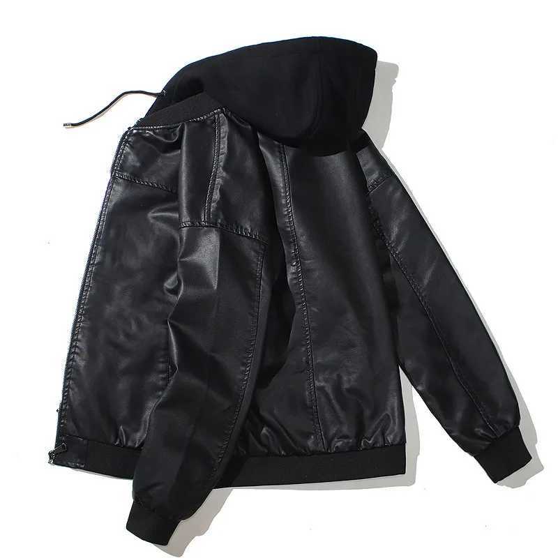 Mens Hooded PU Leather Jacket Motorcycle Hooded Young Leather Plus Cotton Padded Coat Men M240919