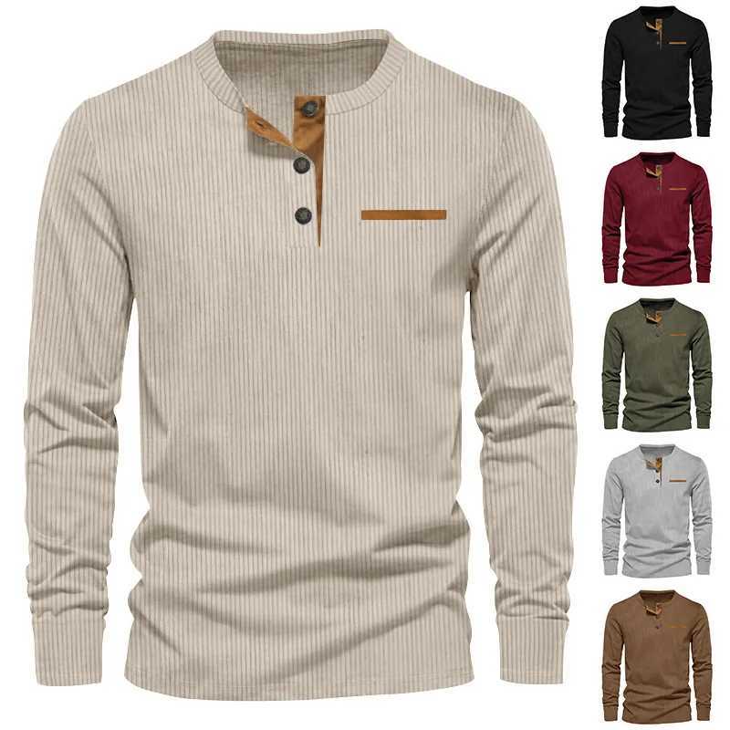2024 European and American Spring Long SleeveTT-shirt New Casual Mens Corduroy Henley Shirt Long Sleeve Slim-Fit TopX240919