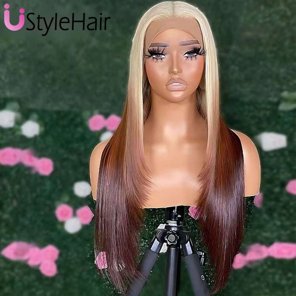 Ustylehair 613 Rooted Ombre Brown For Women Long Silky Straight Layered Cut Blonde Lace Front Wig Heat Resistant Synthetic