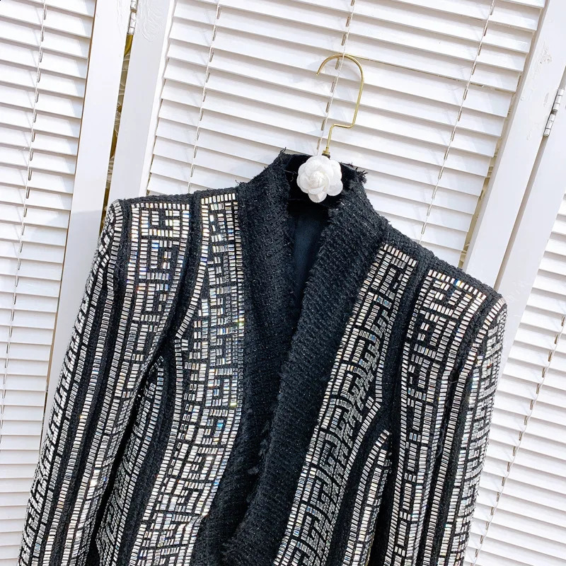 HIGH STREET Latest er Fashion Womens Shoulder Flower Emblem Rhinestone Diamond Beaded Wool Blended Coarse Linen Jacket 240919