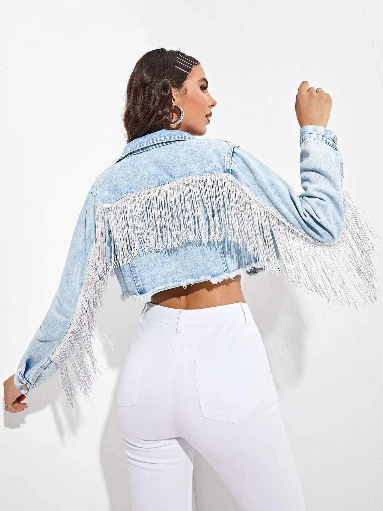 Womens Fringe Jacket Tassel Cropped Denim Jacket Raw Hem Ripped Crop Jean JacketsX240920