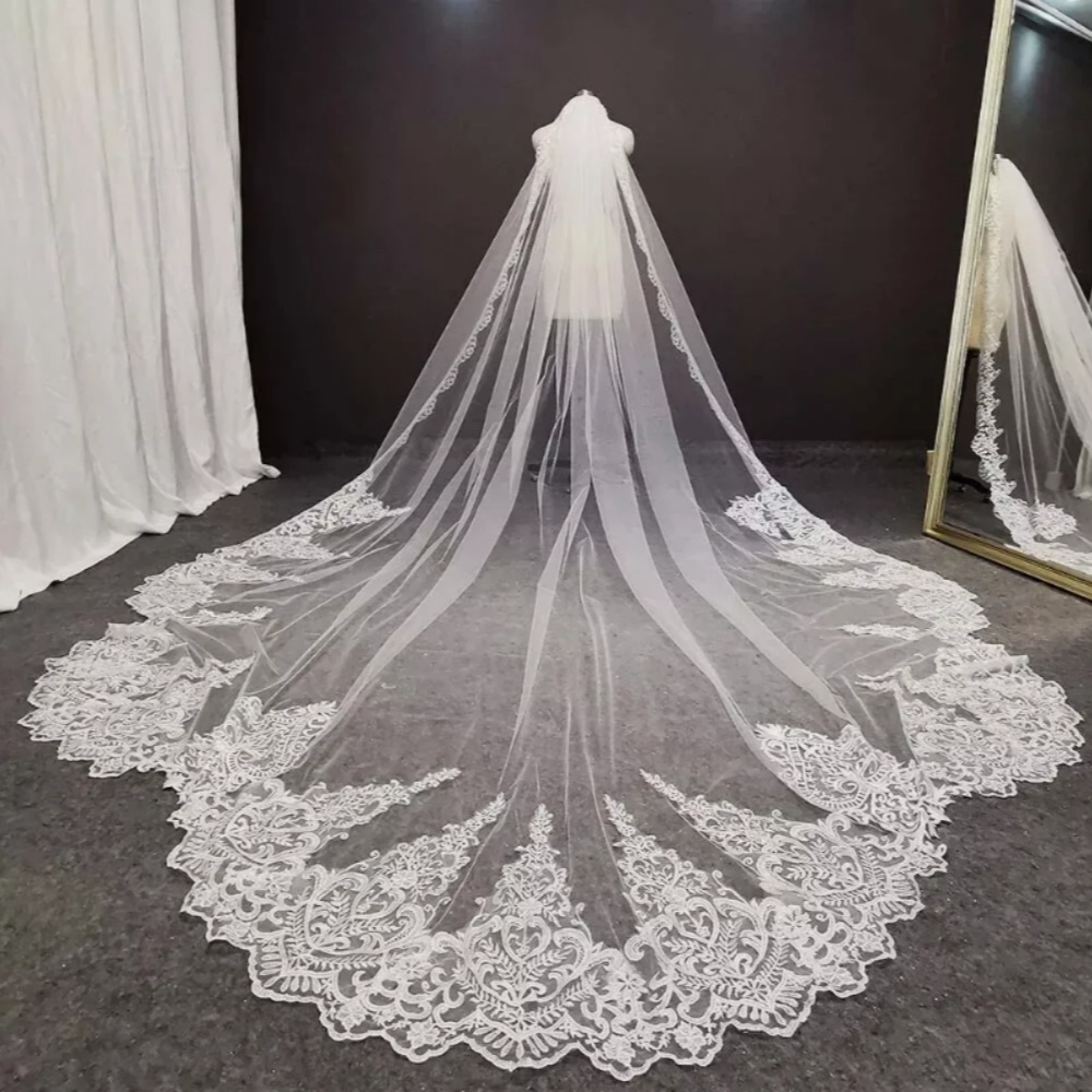 Classic Wedding Veil Appliques One Layer Long Cathedral Length Bridal Veils Applique Bead Edge Wedding Accessories Custom Made