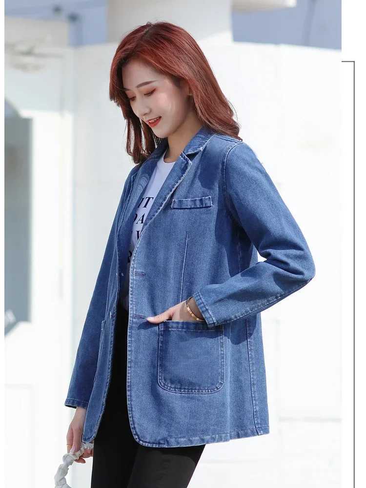 Fashion Denim Jacket Lapel Single Breasted Denim Jacket Lady Vintage Casual Pockets Solid Color Jean Blazer Spring Autumn WomenX240920