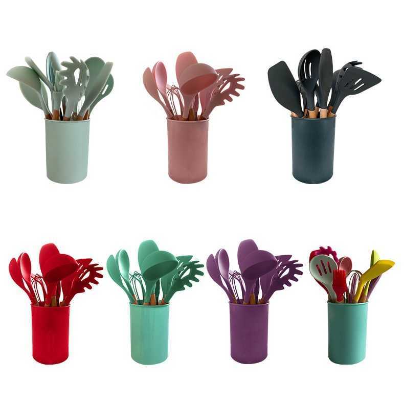 12-Piece Silicone Kitchen Utensil Set with Wooden Handles - Non-Stick, Heat-Resistant, Cooking Baking Tools for Pots and Pans dh911125171