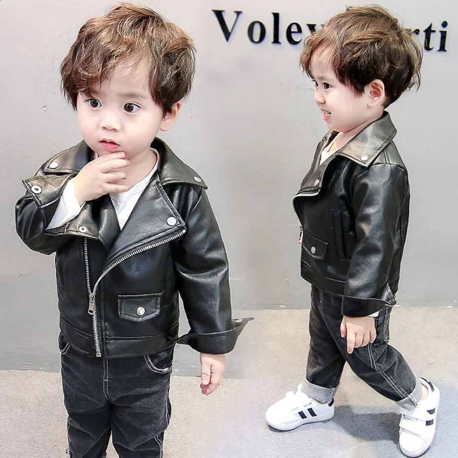 Boys leather jacket solid color boys jacket childrens casual style childrens jacket spring and autumn boys clothing 240918
