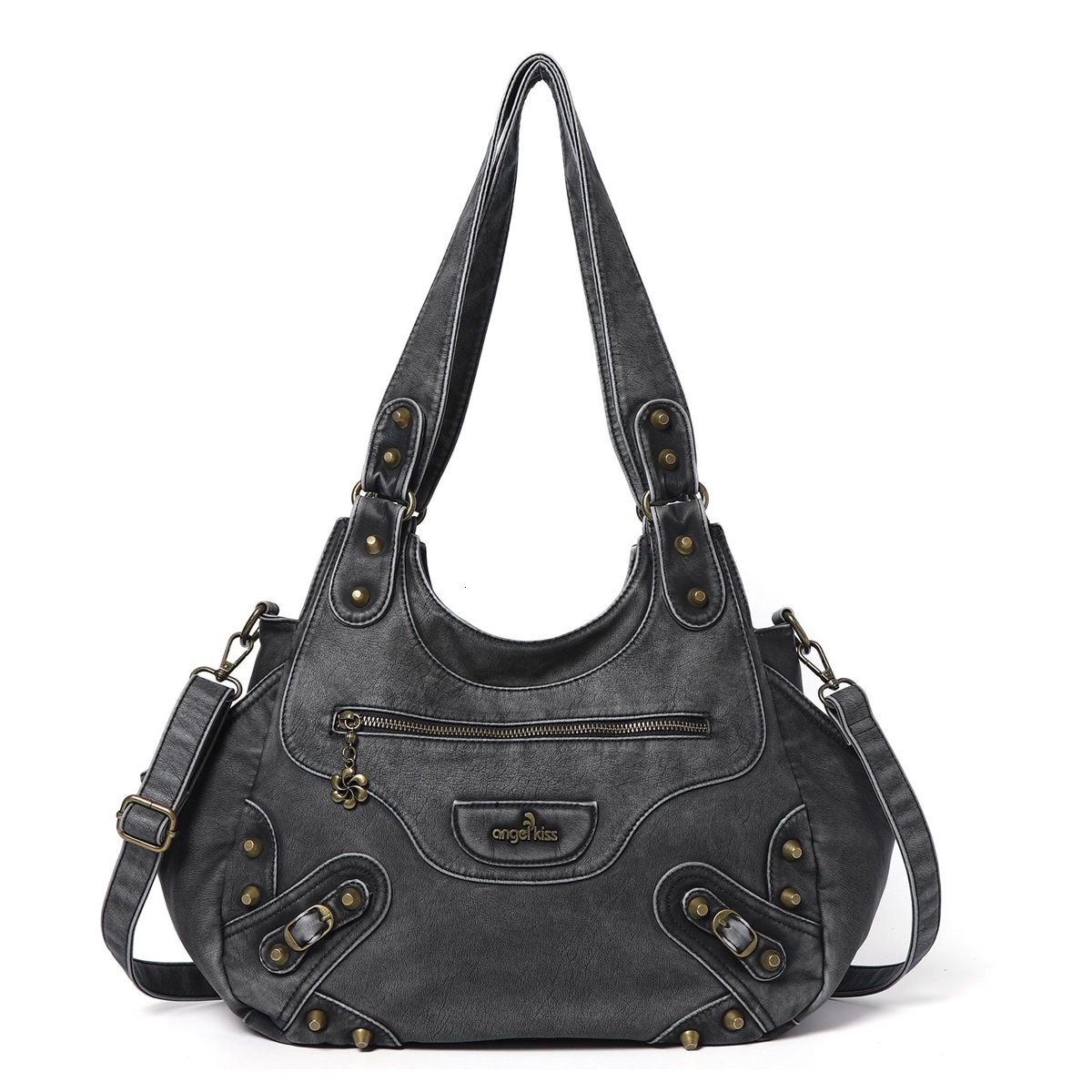 Women's fashion handbag PU casual rivet black Hobo crossbody bag shoulder bag
