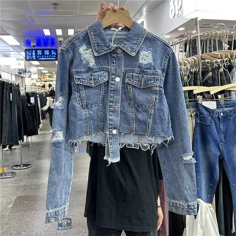 Harajuku Vintage Hole Denim Jacket Irregular Frayed Burrs Hem Purple Blue Spring Autumn New Women Short Jeans Jacket StreetwearX240920