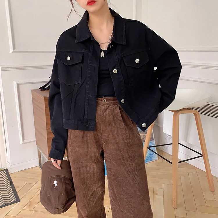 Black Denim jacket women elegant retro long style lapel loose denim jacket long sleeved shirt top for women winter clothes womenX240920