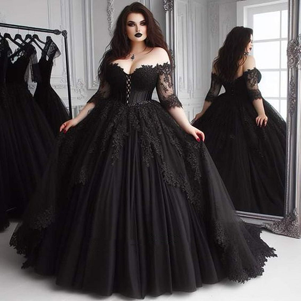 Princess Black Wedding Dresses half Sleeves Off Shoulder Lace Appliques Corset Gothic Bridal Ball Gowns Back Lace-Up Plus Size Bride Dress 2025