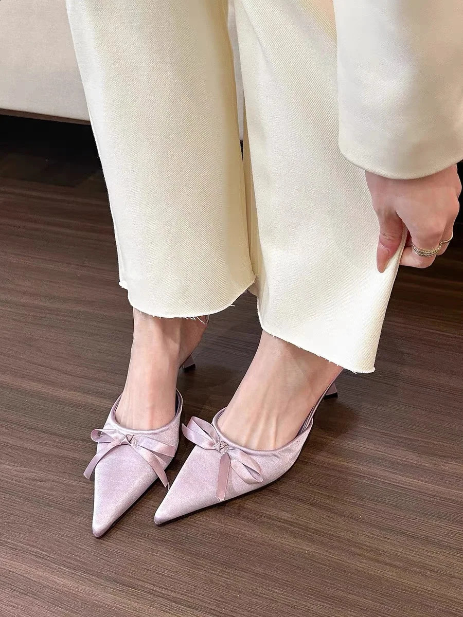 Silk Bow Womens Sliding Sandals Dot Toe High Heels Pump Womens Stripping Mule High Heels 240919