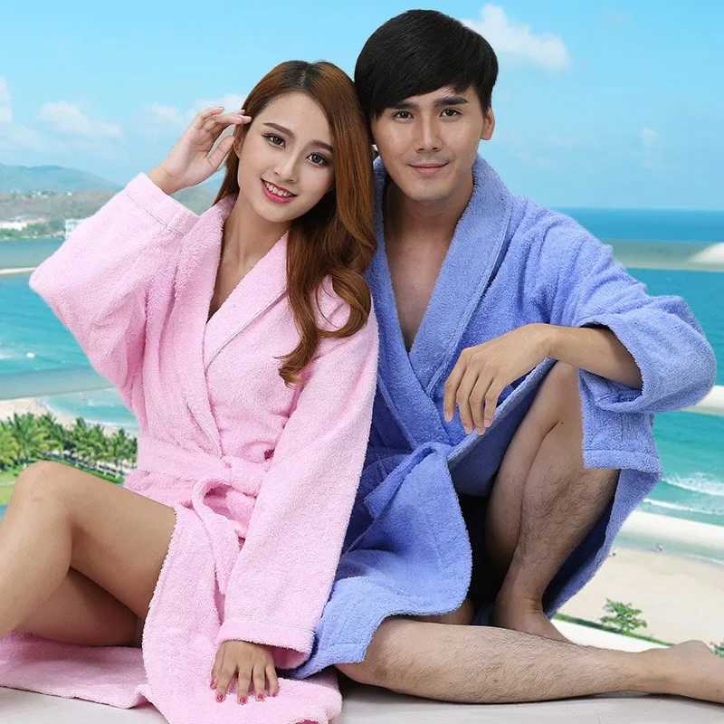 Homewear 100% Cotton Thinkening Toweling Terry Robe Winter long Robe couples man Bathrobe Soft Sleeprobe Casual blue Y240919