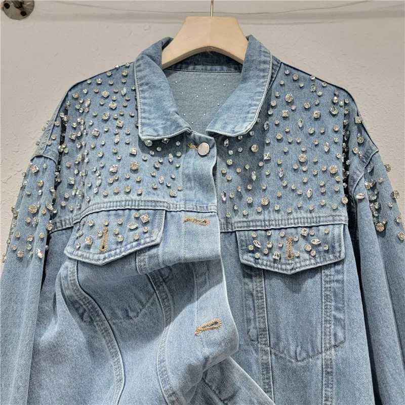 Women Diamonds Beaded Denim Jacket Retro Washed Crystal Jeans Coat Long Sleeved Rhinestones Cowboy Cardigan Single Breasted TopsX240920
