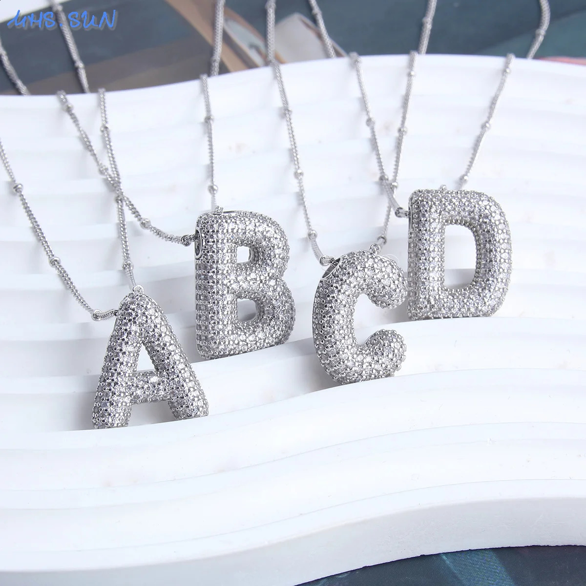 MHS. Sun High Quality Bubble Initial Necklace Letter A-Z Silver Zircon 26 Initial Balloon Pendant 240919