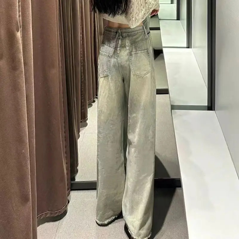 2026 Petite American Style Vintage Distressed Straight leg Jeans High waisted Slimming Wide leg Loose fit Pants For Women