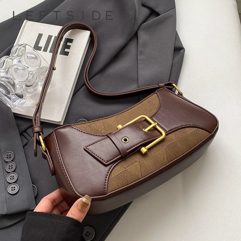 LEFTSIDE belt buckle womens shoulder bag winter womens simple retro small horizontal bag handbag 240918