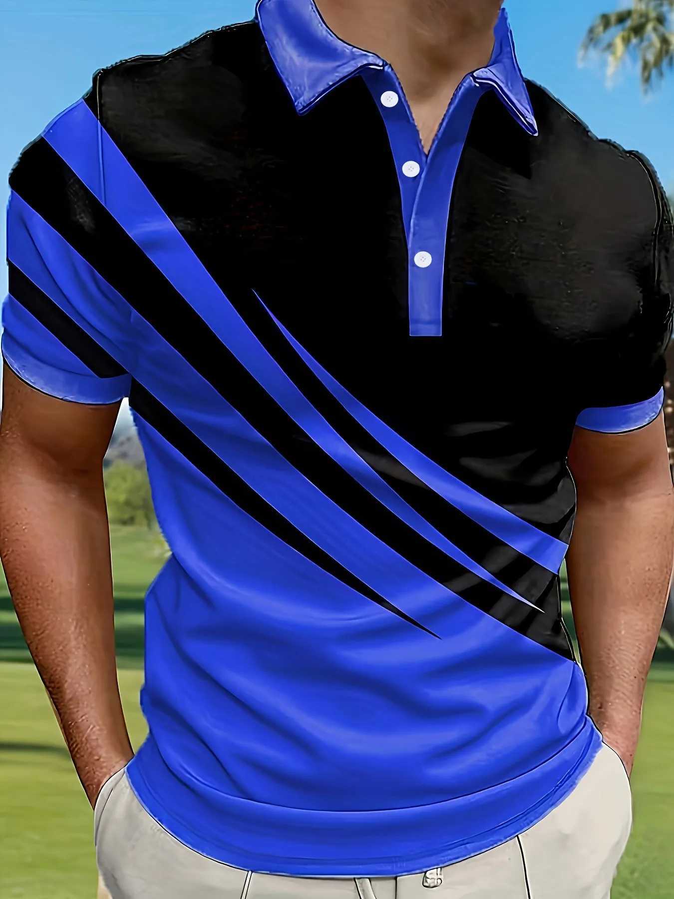 New Fashion Mens Gradient Line Summer Short Sleeved T-Shirt Casual Daily Lapel Top Polo Shirt Striped T-Shirt Mens ClothingX240920
