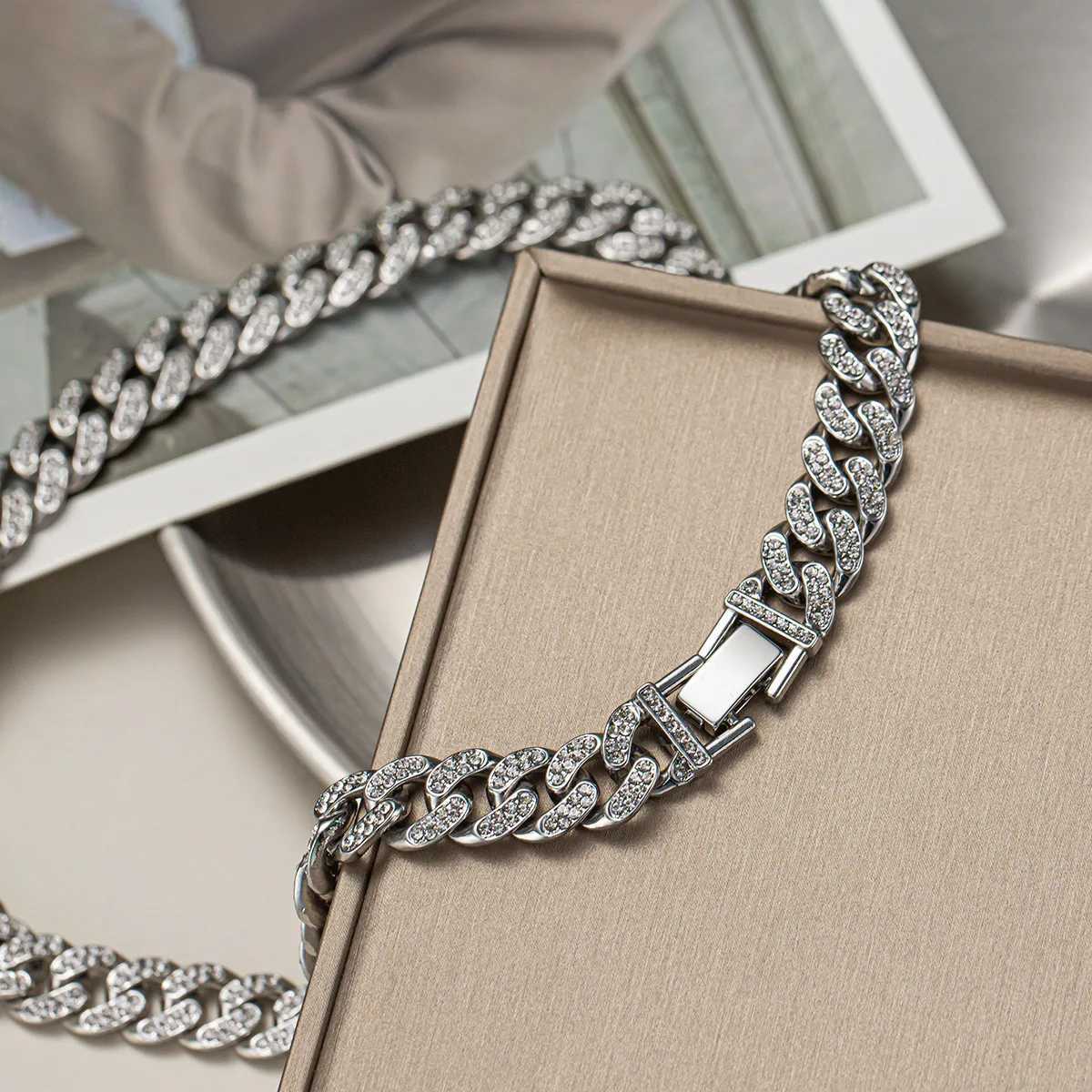 New Design Trend Hip Hop Titanium Steel Necklace ins Fashion Double Row Full Diamond Punk Cuban Necklace For Men and WomenX240919