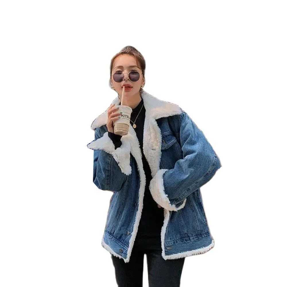 Ladies Denim Clothes Winter Add Velvet Thicken Imitate Lamb Hair Womens Jacket Same Style For Men And Women Couple OutfitX240920