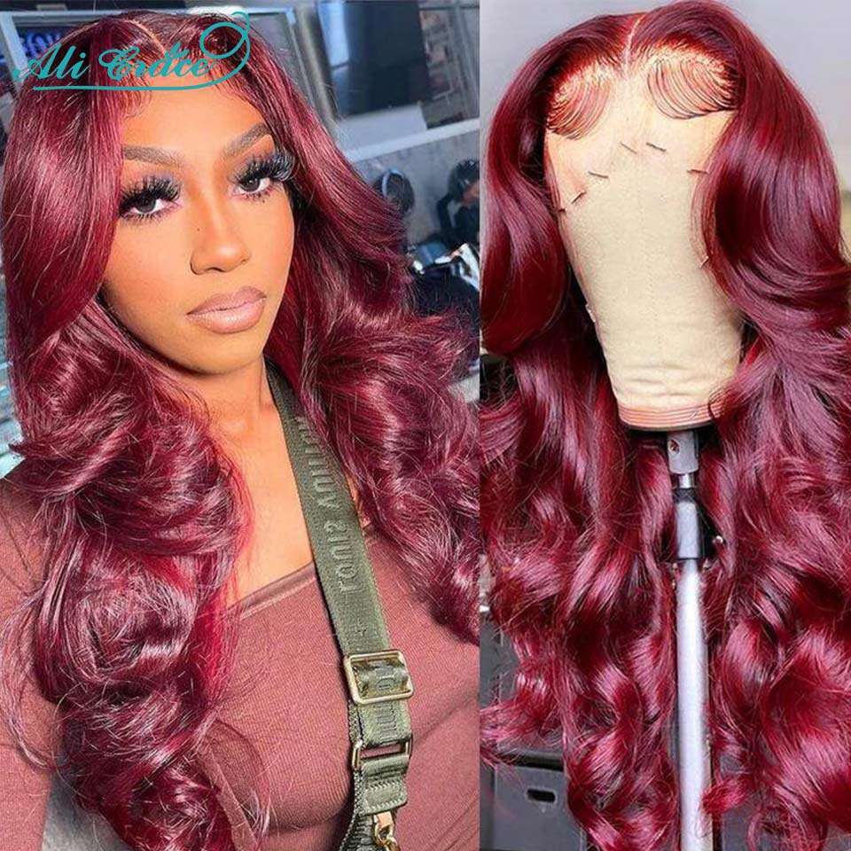 Ali Body Wave 99J 13x4 Front Brazilian Bury Transparent Lace Closure Remy Human Hair Wig 14-32inch