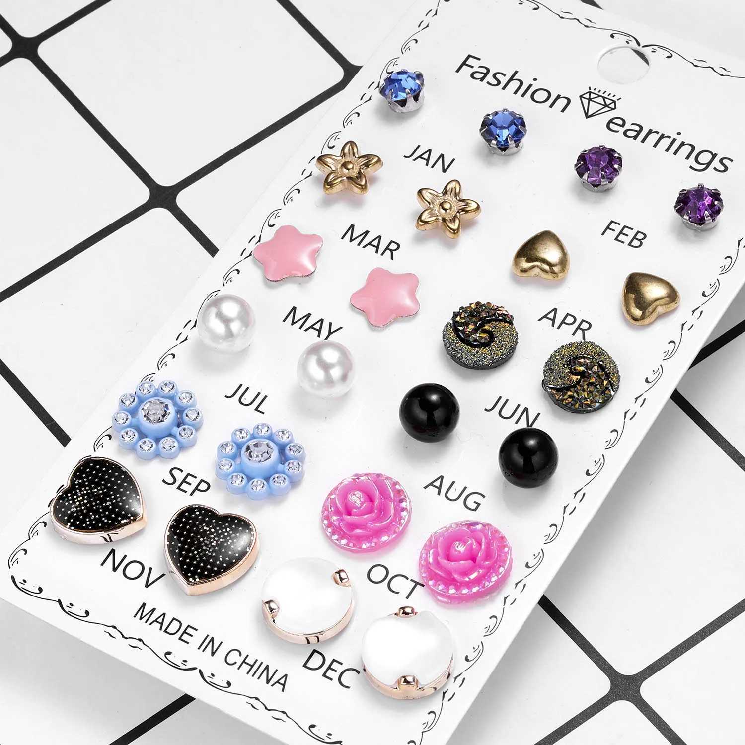 12 pairs/batch acrylic rhinestone fashionable earring set suitable for womens flower center stud earrings girls simple geometric earrings jewelry W240