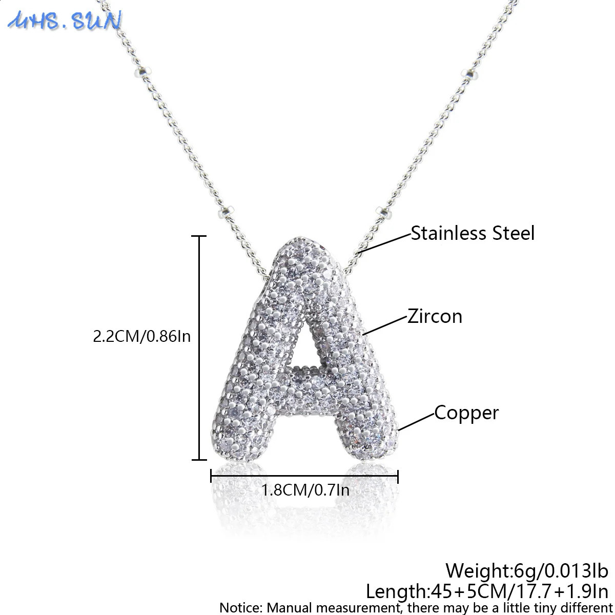 MHS. Sun High Quality Bubble Initial Necklace Letter A-Z Silver Zircon 26 Initial Balloon Pendant 240919