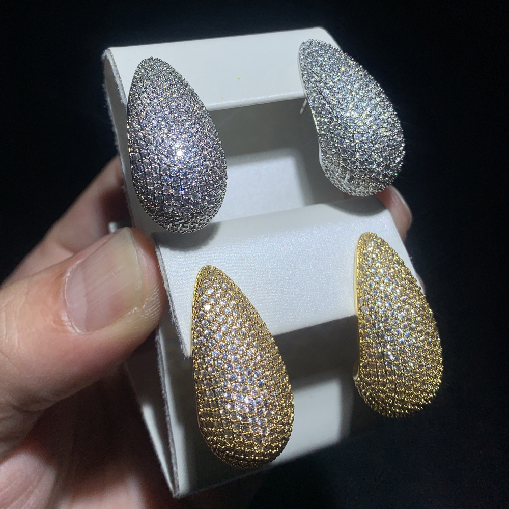 Sparkg Waterdrop Cubic Zirconia Stud Earrings - Gold Plated Teardrop Chunky Dome Jewelry