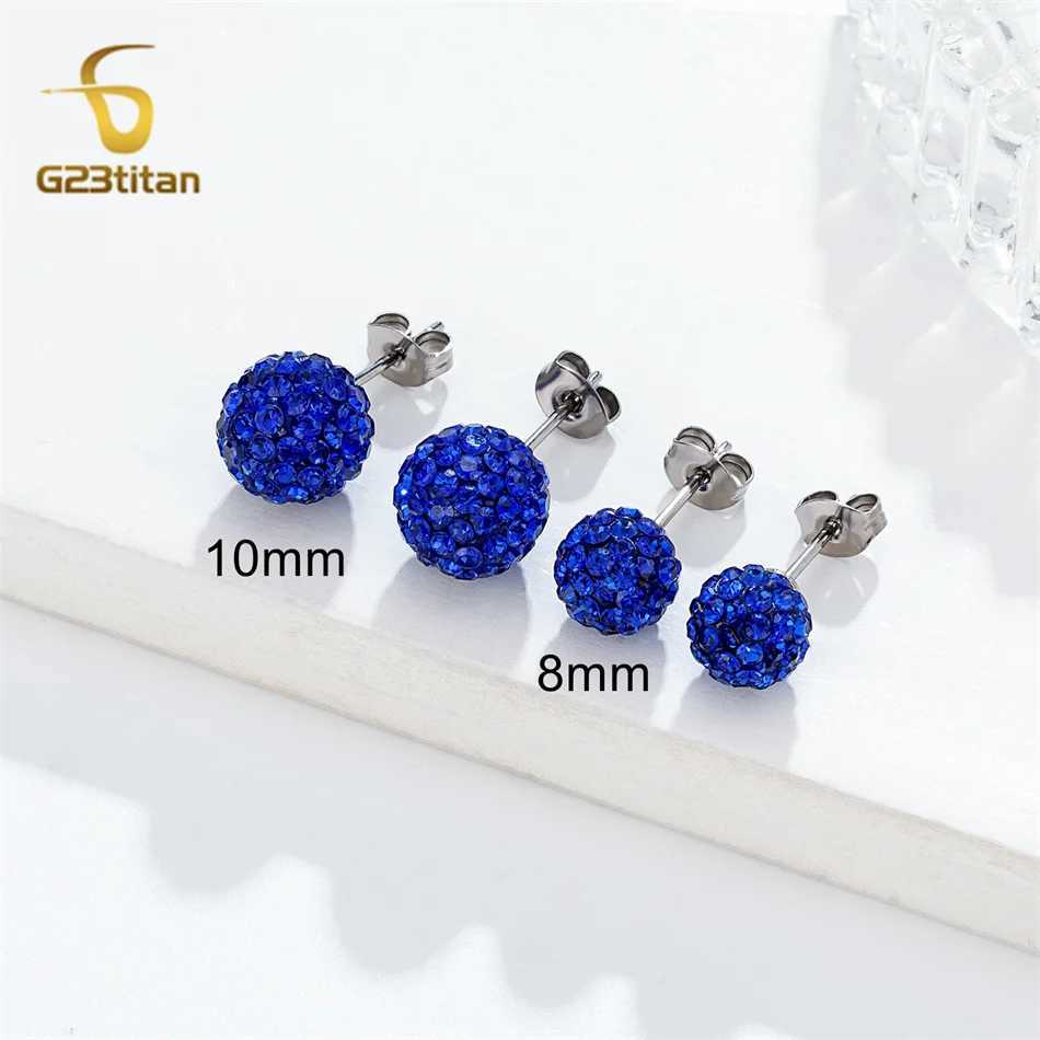 10mm 8mm blue Shambhala bead earrings mens Pave crystal disco clay ball G23 titanium perforated earrings hypoallergenic jewelry W240919