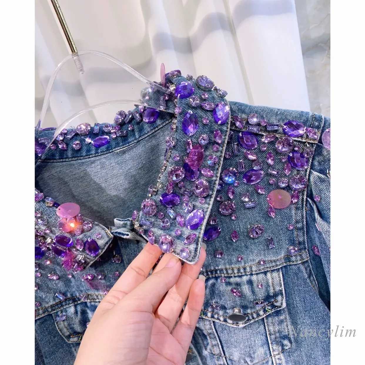 Women Retro Purple Rhinestones Beaded Denim Jacket Spring Short Sequined Jeans Coat Cowboy Cardigan Jaqueta Crop Tops 2023X240920