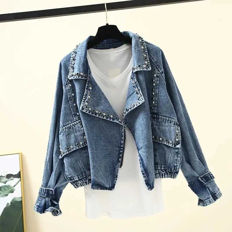 Turn-down Collar Nail Bead Denim Jacket Women Loose Zipper Outwear Jean Coat Female Spring And Autumn Jacket Blue Black JacketsX240920