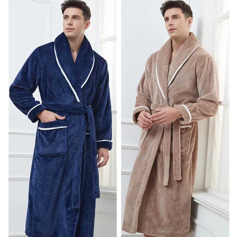 Winter Thickened Coral Fleece Mens Sleepwear Long Robe Warm Flannel Nightwear Sexy Couple Bathrobe Loose Home Wear Loungewear Y240919