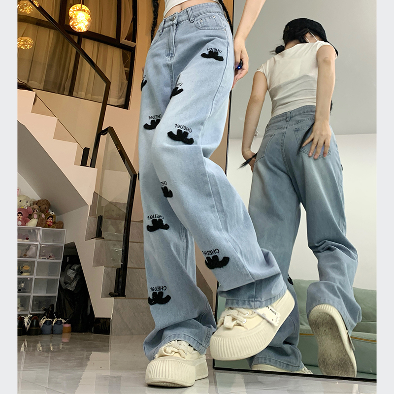 2026 Women Spring New High Waist Denim Straight Jeans Lady Embroidery Designer Casual Pants Girls Light Blue Wide Leg Trousers