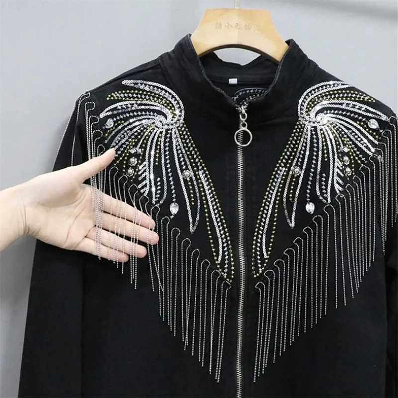 Fashion Black Denim Jacket Women Clothes 2023 Spring and Autumn New Jean Coat Female Tassel Sequin Slim Fitting Jackets TrendX240920