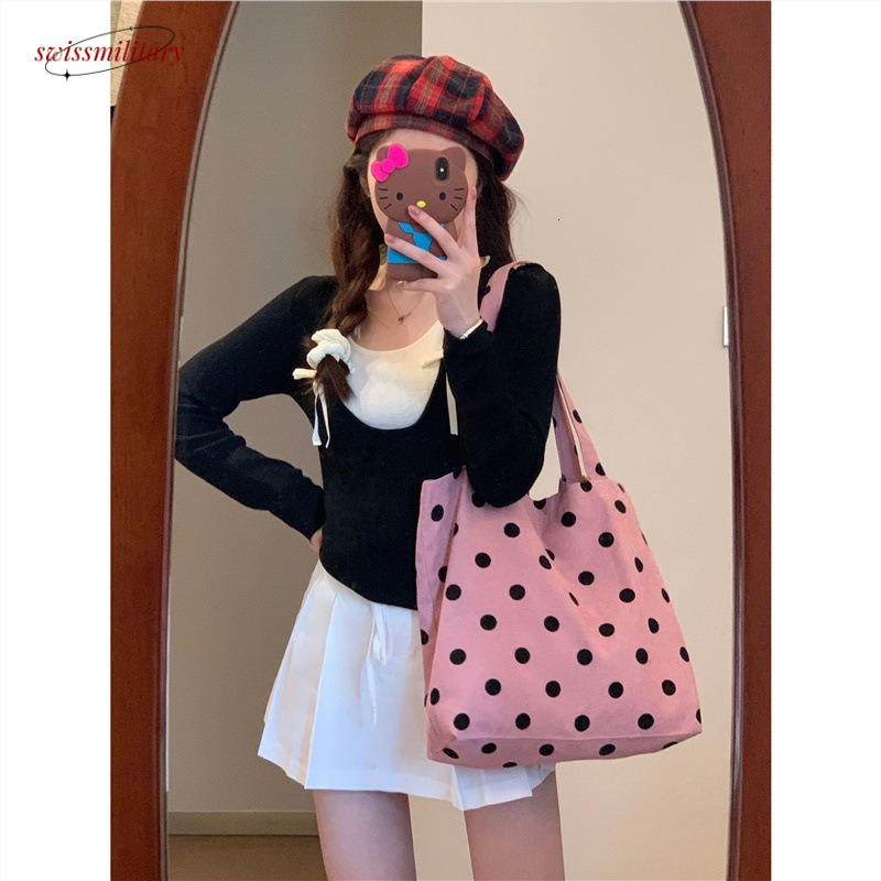 Early Spring Pink Polka Dot Tote Versatile Sweet and Cute College Student Classroom Canvas Single Shoulder Bag 2024 New#19 Swissmilitary