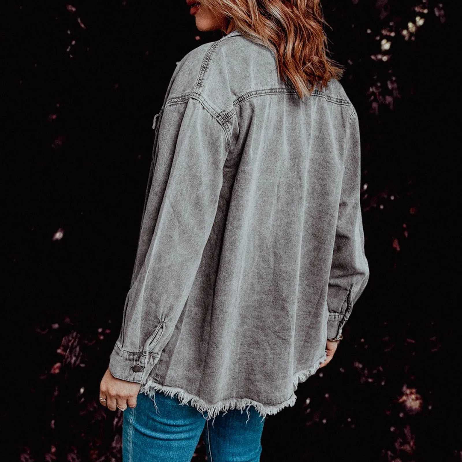 WomenS Denim Jackets Ripped Hem Gray Jeans Jacket Shacket Female Casual Loose Denim Coats Overcoats Oversized BF Denim JacketX240920